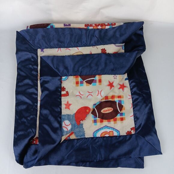 My Blankee Blue Satin Trim Sports Theme Baby Security Blanket Lovey Toddler - Picture 4 of 10